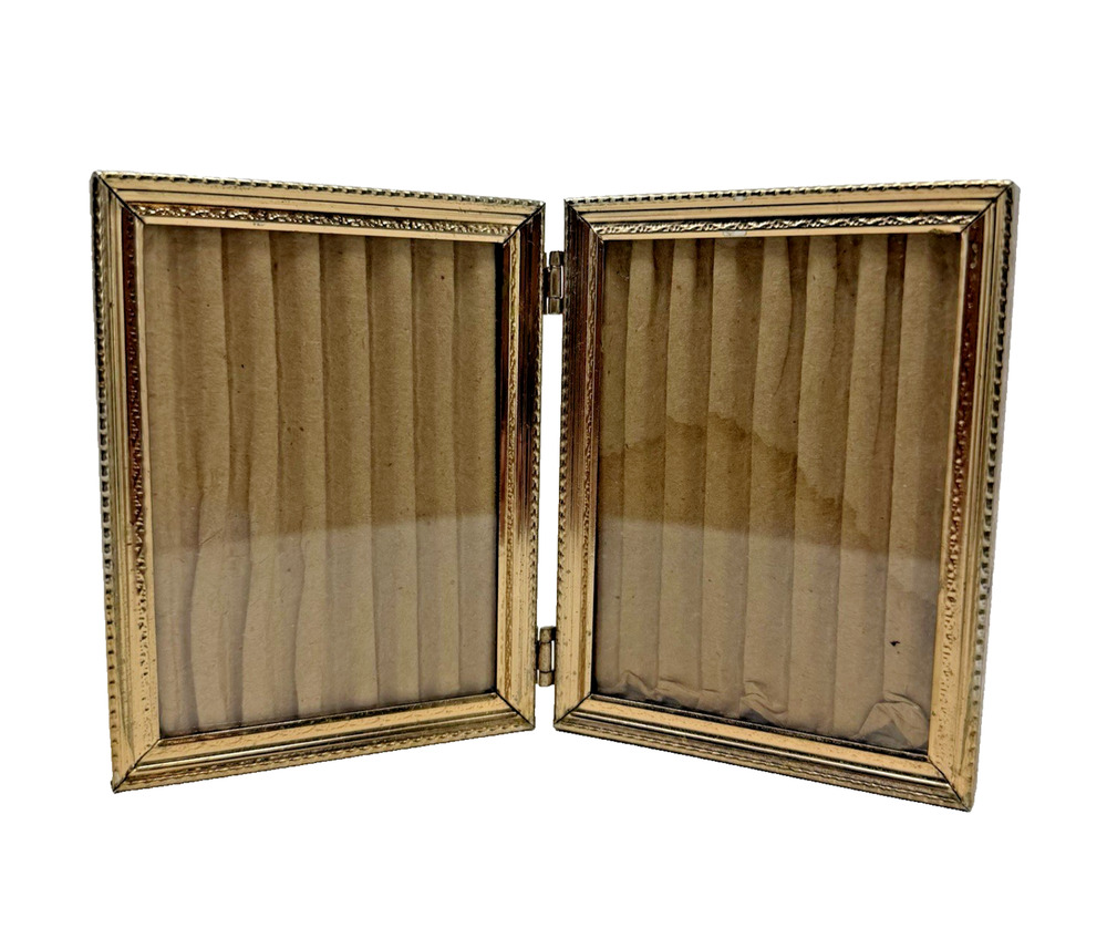 Vintage Folding Double Picture Frame Gold Tone Ornate Hinged Diptych 4.5x3.5